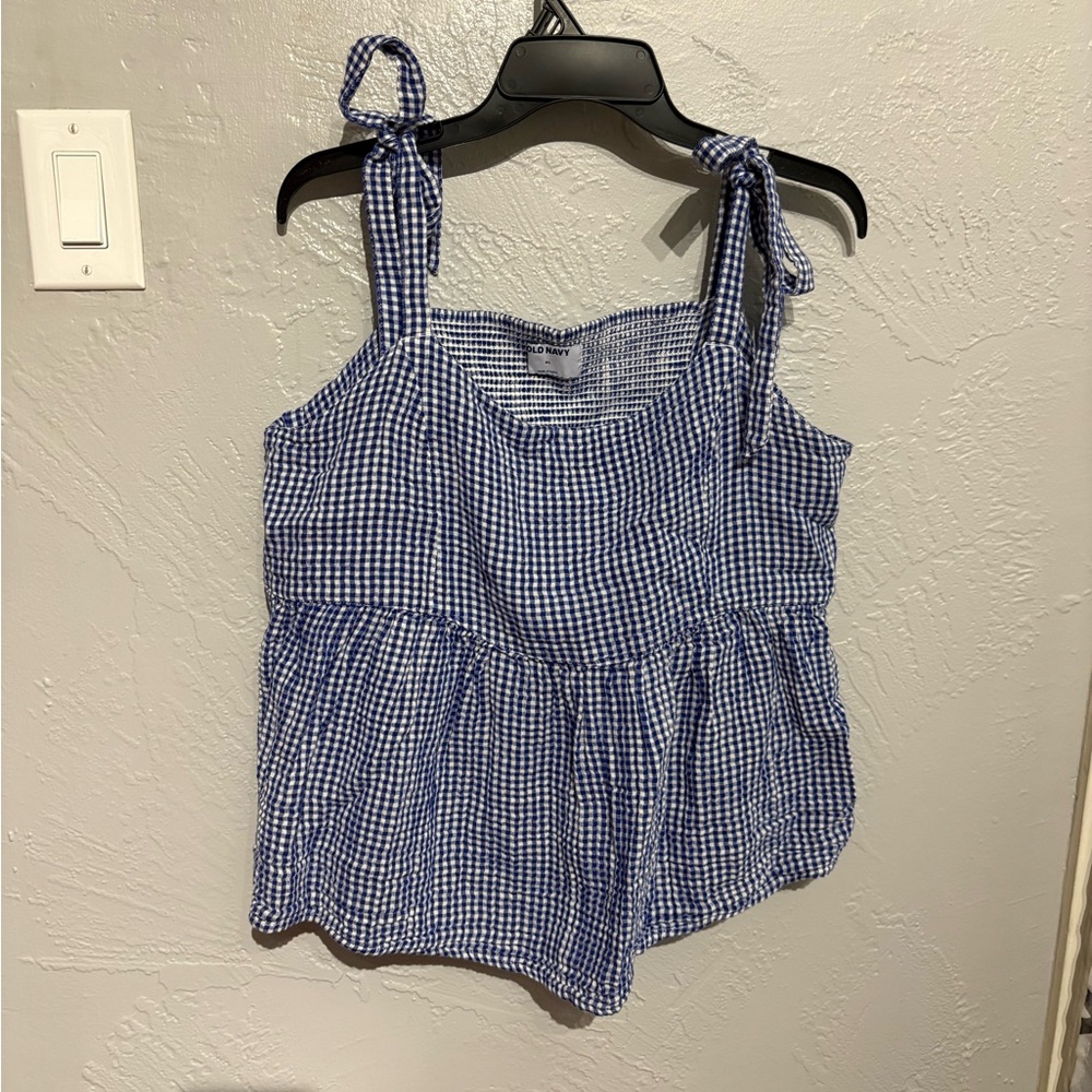 Old Navy Blue Gingham Peplum Top with Tie Straps